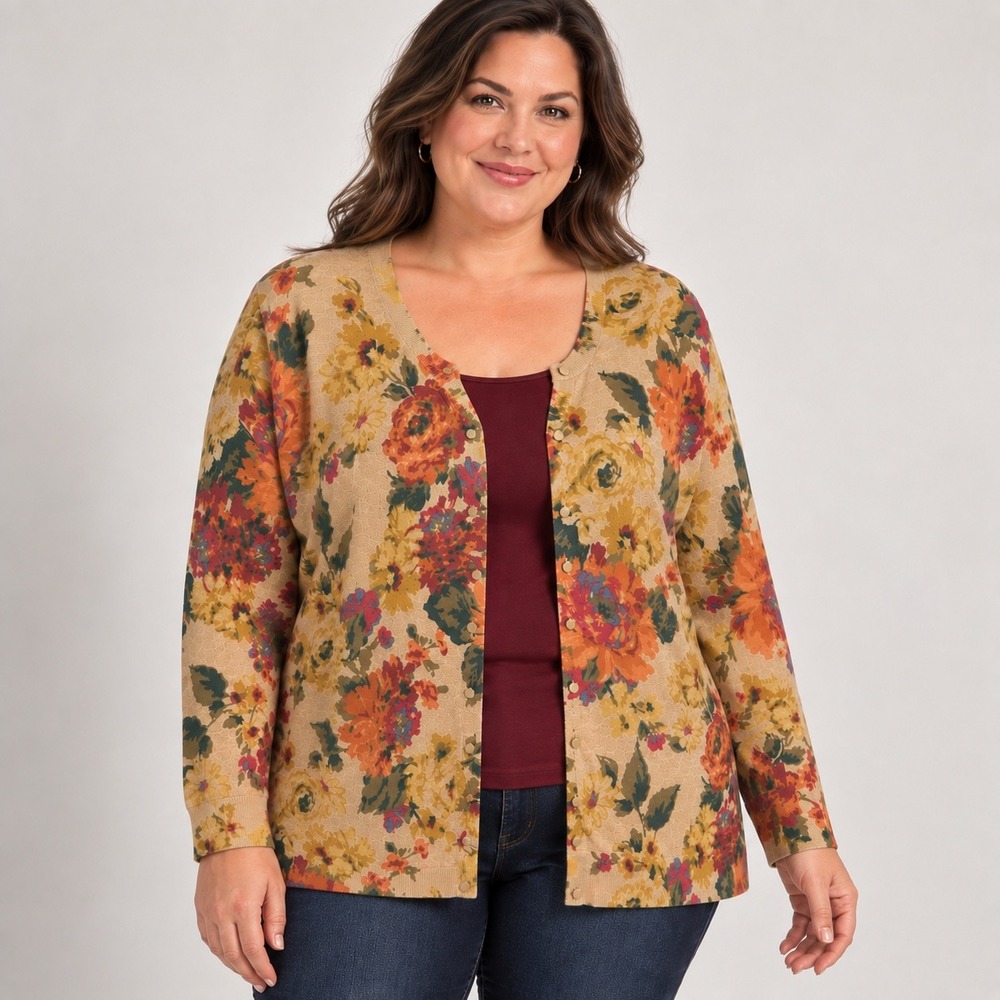 Talbots 3X Floral Cardigan Sweater Cotton Rayon Tan Orange Plus Size Autumn Boho